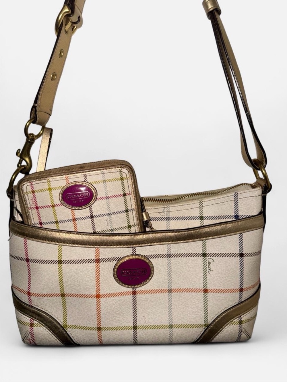 Coach Cream Plaid Crossbody with Gold Trim and Purple Logo Accents